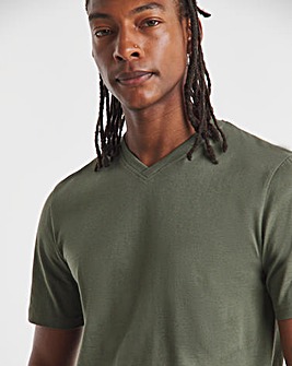 Pure Cotton V Neck T-Shirt Long Length-Khaki