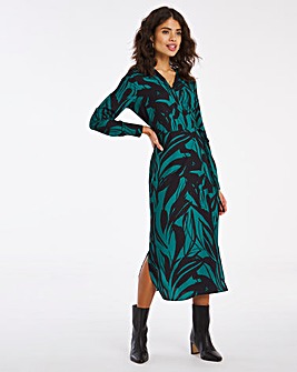 Green Leaf Print Wrap Dress