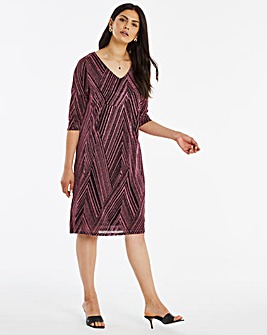 Printed Glitter Knit Loose V-Neck T-Shirt Dress With Pockets