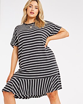 Black and White Stripe Frill Hem T-Shirt Dress