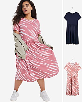 2 Pack Pink Print/Navy Short Sleeve Midi Smock Dresses