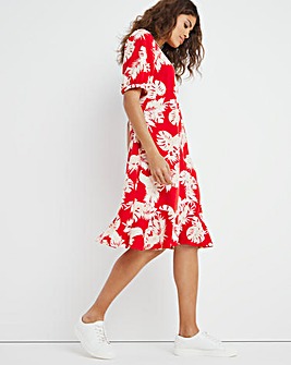 Red Tropical Puff Sleeve Swing Dress