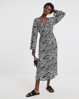 Crinkle Twist Detail Midi Dress With Long Sleeves