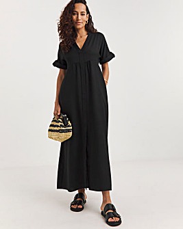 Collarless Placket Detail Smock Midi Dress