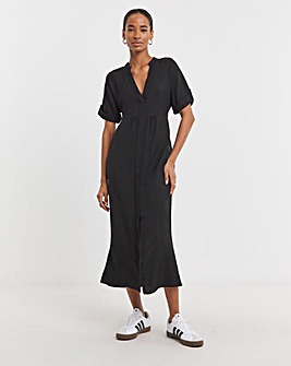 Collarless Placket Detail Smock Midi Dress