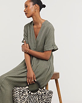 Collarless Placket Detail Smock Midi Dress