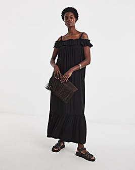 Frill Detail Bardot Crinkle Dress