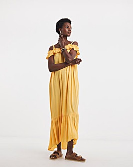 Frill Detail Bardot Crinkle Dress