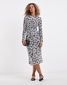 Printed Mesh Ruched Midi Dress