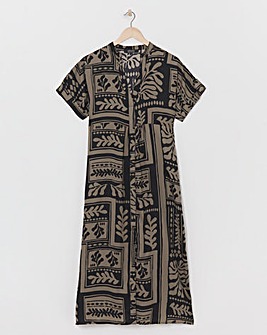 Collarless Placket Detail Smock Midi Dress
