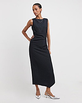 Pinstripe Ruhced Detail Midi Shift Dress