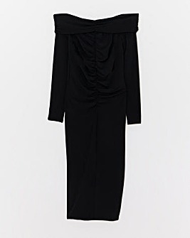 Long Sleeve Ruched Bardot Midi Dress