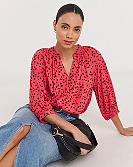 Red Floral Three Quarter Length Sleeve Shirred Detail Viscose Collarless Blouse