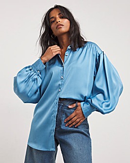 Smokey Blue Satin Shirt With Embellished Buttons