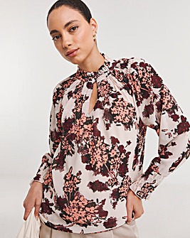 Floral Print Sheer Shirred Yoke Top With Shirred Cuffs