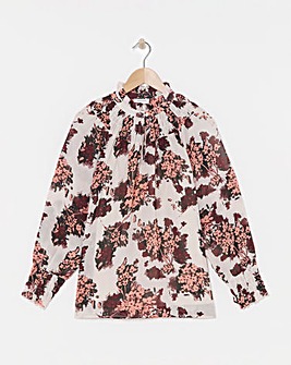 Floral Print Sheer Shirred Yoke Top With Shirred Cuffs