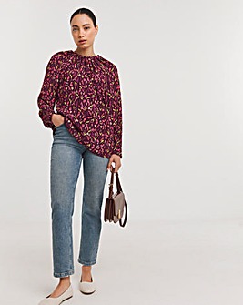 Multi Floral Ruched Tie Neck Top