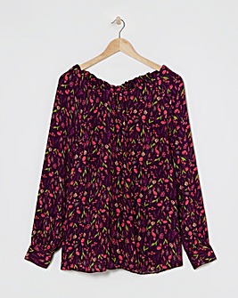 Multi Floral Ruched Tie Neck Top