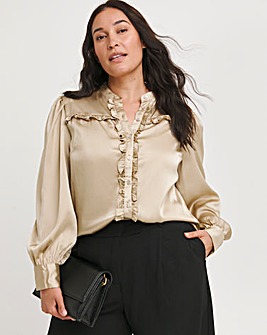 Camel Textured Satin Frill Yoke Blouse