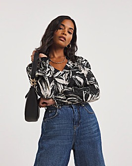 Mono Print V Neck Satin Jacquard Top