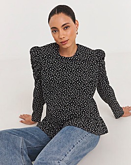 Mono Print Ruched Sleeve Top