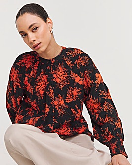 Red Floral Long Sleeve Collarless Blouse With Shirred Cuffs