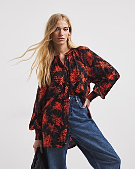 Red Floral Long Sleeve Collarless Blouse With Shirred Cuffs
