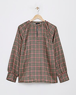 Check Print Satin Top With Keyhole