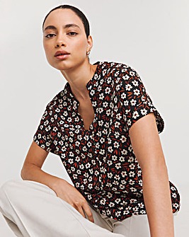 Floral Print Short Sleeved Grandad Collar Top