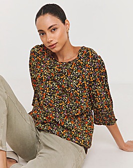 Floral Print Puff Sleeve Top With Shirred Cuffs