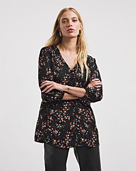 Floral Print Shirred Shoulder Three Quarter Sleeve Top