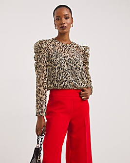 Animal Print Dobby Ruched Sleeve Top
