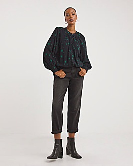 Long Sleeve Collarless Blouse With Shirred Cuffs