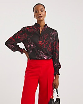 Red Print Long Sleeve Print Zip Front Blouse
