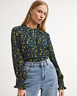 Yellow Floral High Twist Neck Long Sleeve Top