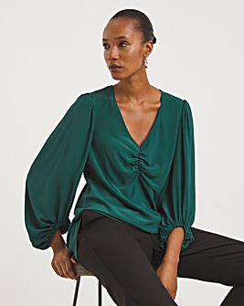 Green Ruched Front Balloon Sleeve Satin Top