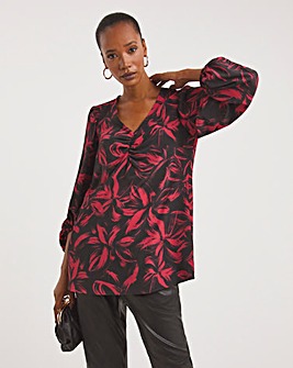 Red Print Ruched Front Balloon Sleeve Top