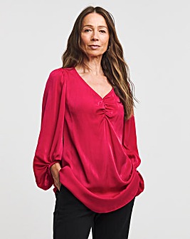 Pink Ruched Front Balloon Sleeve Satin Top