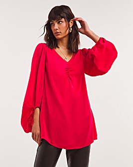 Pink Ruched Front Balloon Sleeve Satin Top
