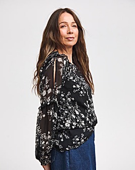 Mono Print Volume Sleeve Cold Shoulder Top