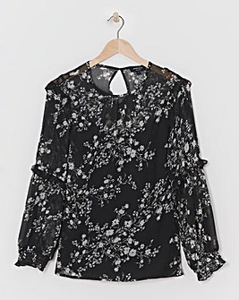 Mono Print Volume Sleeve Cold Shoulder Top