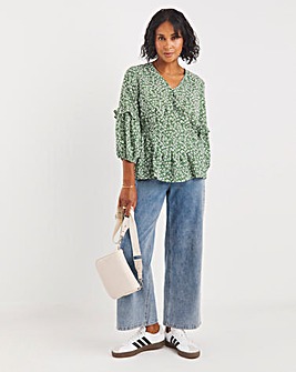 Green Floral V Neck Shirred Waist Top