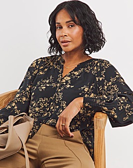 Mono Floral Long Sleeve Collarless Blouse With Shirred Cuffs