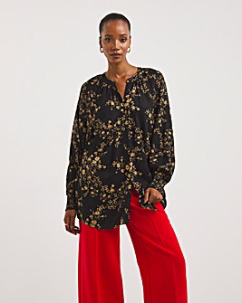 Mono Floral Long Sleeve Collarless Blouse With Shirred Cuffs