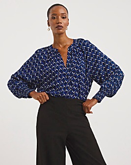Geo Print Long Sleeve Collarless Blouse With Shirred Cuffs