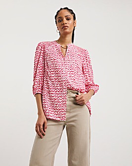 Pink Print Three Quarter Sleeve Collarless Blouse With Shirred Shoulder