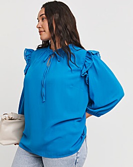 Blue Lace Trim Tie Neck Blouse