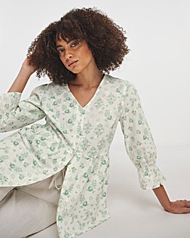 Green Print Cotton Dobby Puff Sleeve Top