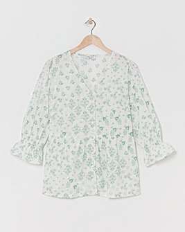 Green Print Cotton Dobby Puff Sleeve Top