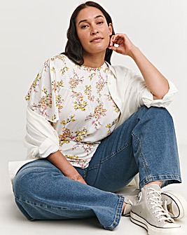 Multi Floral Shirred Yoke Top With Fluted Sleeve